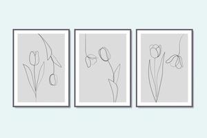 conjunto de 3 tulipas abstratas, desenho de linha, impressão de arte de parede, flores, capa de cartaz, ilustração de fundo vetor