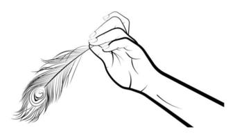 mão feminina segura suavemente a pena de pavão com dois dedos. ternura, leveza, precisão. gestos. vetor isolado no fundo branco