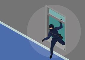 quadrilha de ladrões. personagem masculino vestindo uma máscara preta. subindo pela janela da casa. ilustração vetorial