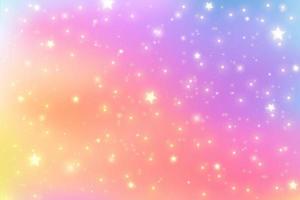 fundo de fantasia de arco-íris. ilustração holográfica em cores pastel. fundo feminino bonito dos desenhos animados. céu multicolorido brilhante com estrelas. vetor. vetor