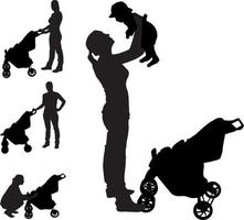 mãe com ilustração vetorial de silhueta de carrinho de bebê vetor