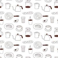 padrão perfeito de café com cappuccino, xícaras, cafeteira, leite, croissant, ovos, pão e abacate. vetor