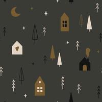 padrão perfeito com árvores de natal, lua, estrelas e casas escandinavas fofas. vetor