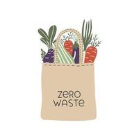 saco de compras reutilizável ecológico têxtil com letras zero desperdício. vetor