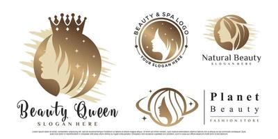 conjunto de design de logotipo de rainha da beleza com ilustração de rosto de mulher para vetor premium de salão