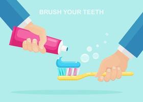 escovando os dentes. homem segura escova de dentes e tubo de creme dental. conceito de atendimento odontológico. Higiene oral. desenho vetorial