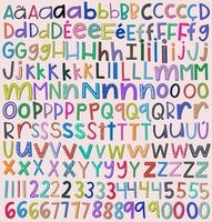 alfabeto infantil colorido. cada letra e números com estilos diferentes. vetor