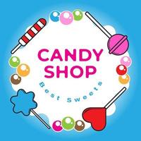 banner de loja de doces com doces no fundo de cor azul. adequado para modelo de postagem de mídia social ou promoção de mídia impressa vetor