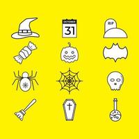 pacote de ícones de halloween isolado em fundo de cor amarela. coleção de vetores sem cor. design de ilustração preto e branco.