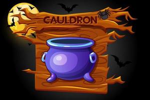 ícone do jogo de caldeirão, banner de madeira de halloween e noite assustadora. ilustração em vetor de tabuleiro e lua com morcegos.