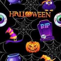padrão sem emenda de halloween, fundo preto assustador com aranhas. ilustração vetorial de textura com sepultura assustadora, olho, caldeirão e boné. vetor