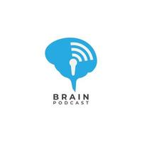 modelo de design de logotipo de podcast cerebral. cérebro azul com ícone de microfone e conceito de logotipo de ilustração de onda de sinal. isolado no fundo branco vetor