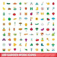 conjunto de 100 ícones de trabalho de jardim, estilo cartoon vetor