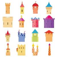 ícones da torre do castelo definem cor, estilo de desenho animado vetor