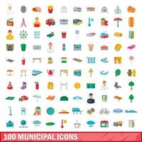 conjunto de 100 ícones municipais, estilo cartoon vetor