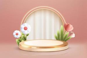 pódio de ouro de luxo 3d com flor no fundo abstrato rosa scane vetor