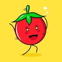 personagem de tomate fofo com expressão feliz, corra, duas mãos para cima e olhos brilhantes. verde, vermelho e amarelo. adequado para emoticon, logotipo, mascote vetor