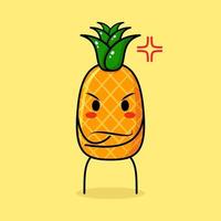 personagem de abacaxi fofo com expressão de raiva. verde e amarelo. adequado para emoticon, logotipo, mascote. uma mão no queixo vetor