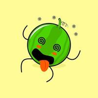 personagem de melancia fofa com expressão tonta, revirando os olhos, deite-se e a língua de fora. verde e amarelo. adequado para emoticon, logotipo, mascote vetor