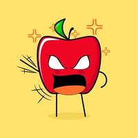 personagem de maçã vermelha fofa com expressão de raiva. verde e vermelho. adequado para emoticon, logotipo, mascote. uma mão levantada, olhos esbugalhados e boca aberta vetor