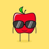 personagem de maçã vermelha fofa com expressão de sorriso e óculos pretos. verde e vermelho. adequado para emoticon, logotipo, mascote ou adesivo vetor