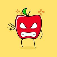 personagem de maçã vermelha fofa com expressão de raiva. verde e vermelho. adequado para emoticon, logotipo, mascote. uma mão levantada, olhos esbugalhados e sorrindo vetor