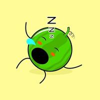 personagem de melancia fofa com expressão de sono, deite-se, feche os olhos e abra a boca. verde e amarelo. adequado para emoticon, logotipo, mascote vetor