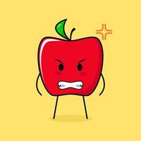 personagem de maçã vermelha fofa com expressão de raiva. olhos esbugalhados e sorridentes. verde e vermelho. adequado para emoticon, logotipo, mascote vetor