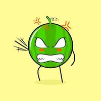 personagem de melancia bonito com expressão de raiva. verde e amarelo. adequado para emoticon, logotipo, mascote. uma mão levantada, olhos esbugalhados e sorrindo vetor