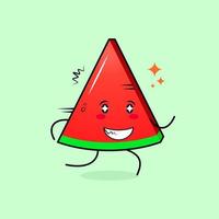 personagem de fatia de melancia bonito com expressão feliz, olhos brilhantes, correr e sorrir. verde e vermelho. adequado para emoticon, logotipo, mascote e ícone vetor