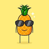 personagem de abacaxi fofo com expressão de sorriso e óculos pretos. verde e amarelo. adequado para emoticon, logotipo, mascote ou adesivo vetor