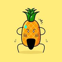personagem de abacaxi fofo com expressão chocada, duas mãos na cabeça e boca aberta. verde e amarelo. adequado para emoticon, logotipo, mascote ou adesivo vetor