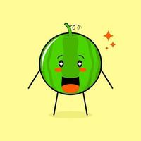 personagem de melancia fofa com expressão feliz, boca aberta e olhos brilhantes. verde e amarelo. adequado para emoticon, logotipo, mascote vetor
