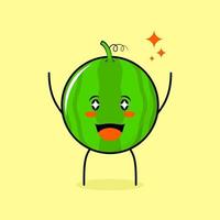 personagem de melancia bonito com expressão feliz, duas mãos para cima, boca aberta e olhos brilhantes. verde e amarelo. adequado para emoticon, logotipo, mascote vetor