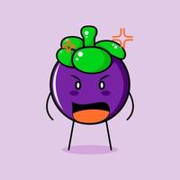 personagem de mangostão bonito com expression.mouth com raiva bem aberta. verde e roxo. adequado para emoticon, logotipo, mascote vetor