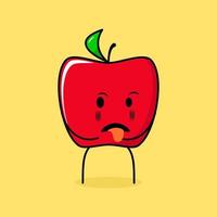 personagem de maçã vermelha fofa com expressão repugnante e língua de fora. verde e vermelho. adequado para emoticon, logotipo, mascote e ícone vetor