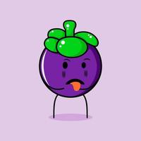 personagem de mangostão bonito com expressão nojenta e língua de fora. verde e roxo. adequado para emoticon, logotipo, mascote e ícone vetor