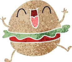 estilo de ilustração retrô peculiar cartoon hambúrguer vegetariano feliz vetor