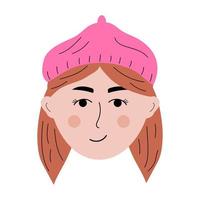 rosto de menina ruiva com um chapéu de boina no estilo doodle. avatar colorido de mulher sorridente. vetor
