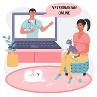 consulta online usando laptop com veterinário. paciente do sexo feminino com um cão gato e spitz. vetor