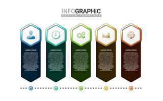 Rótulo infográfico realista 3D em 5 etapas. infográfico vertical com forma hexagonal gradiente colorido. etapas de informações comerciais com ícone vetor