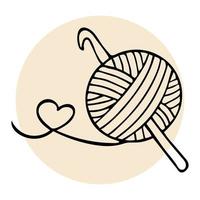 ícone de tricô, novelo desenhado à mão de linha e agulha de crochê. conceito de passatempo. ilustração, impressão, vetor