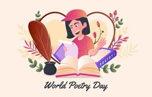 mulher lendo um poema no dia mundial da poesia vetor