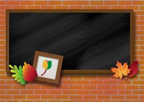 pequena moldura de madeira com folhas de outono na lousa da escola e fundo de parede de tijolo. tudo em desenho vetorial.