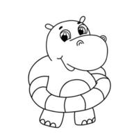 linha desenhada à mão hipopótamo fofo com ilustração vetorial de círculo de natação. contorno hipopótamo isolado no fundo branco. personagem de bebê fofo para livro de colorir, cartões postais e convites vetor