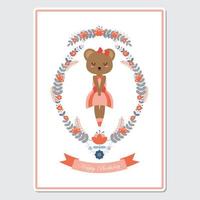 menina urso na grinalda da flor para cartão de aniversário vetor