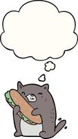 gato de desenho animado com sanduíche e balão de pensamento vetor