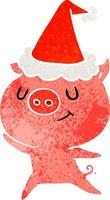 feliz desenho retrô de um porco usando chapéu de papai noel vetor