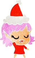 feliz desenho retrô de uma garota elfa usando chapéu de papai noel vetor