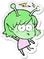 adesivo angustiado de uma garota alienígena de desenho animado vetor